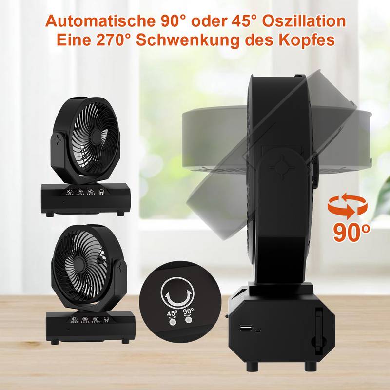 Tischventilator,Camping Ventilator, wiederaufladbar, 20000mAh Akku, 4 Geschwindigkeiten, mit Fernbedienung, LED Licht und Haken,für Outdoor