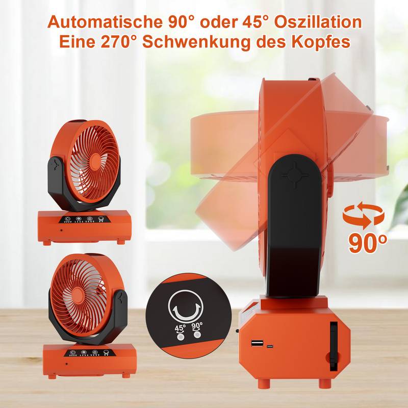 Tischventilator,Camping Ventilator, wiederaufladbar, 20000mAh Akku, 4 Geschwindigkeiten, mit Fernbedienung, LED Licht und Haken,für Outdoor