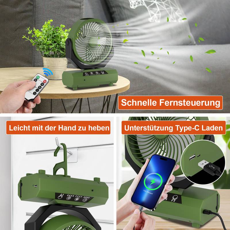 Camping Ventilator Multifunktionales 2in1 Camping-Lüfterlicht, Tragbarer USB-Campingventilator für Zelt mit LED-Lampe Laterne Fernbedienung Ventilat