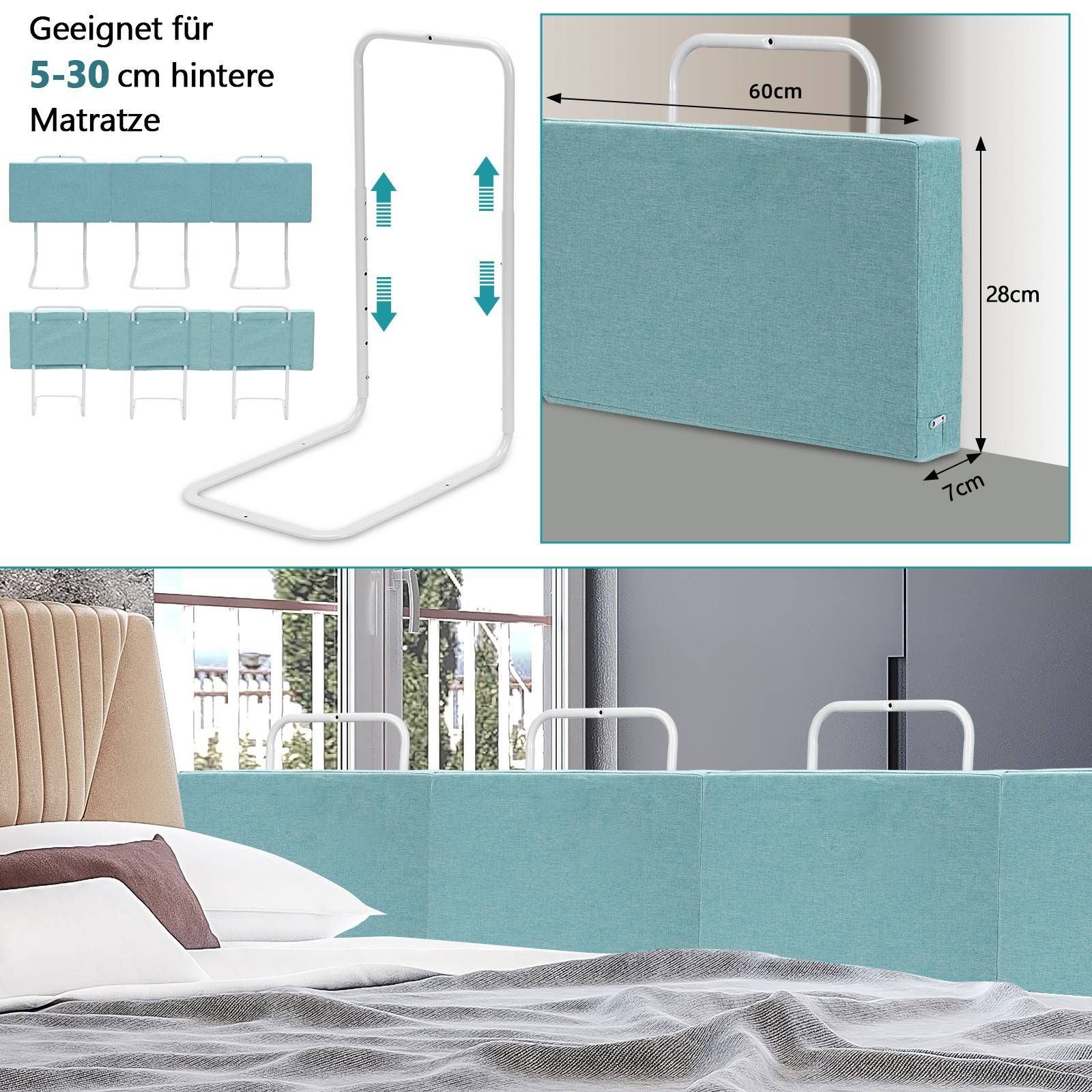 Kinderbettgitter Bettschutzgitter 2X 60cm Höhenverstellbar, Rausfallschutz Babybettgitter Bettgitter für Familienbett und Kinderbett, Grün
