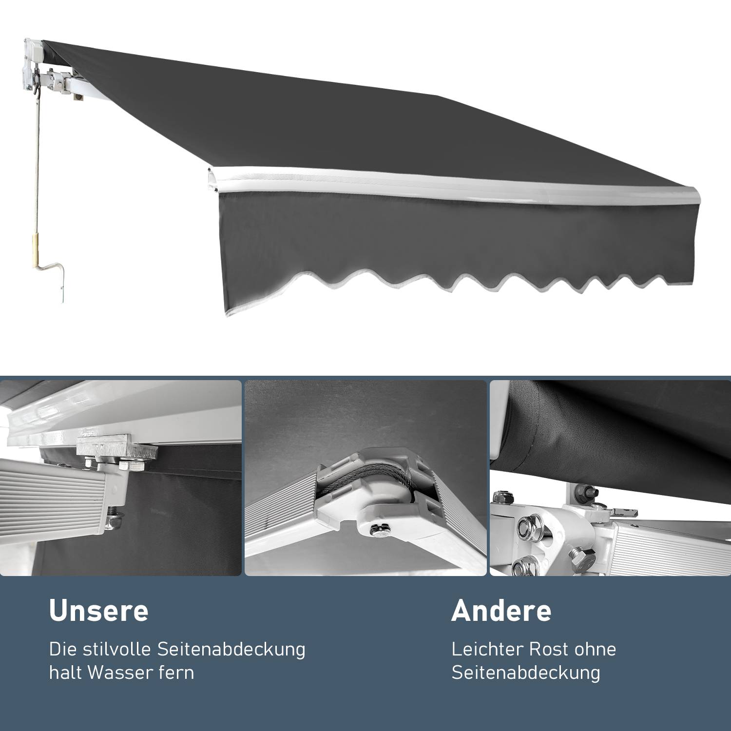 Gelenkarmmarkise PA Beschichtet UV-Schutz mit Handkurbel Markise Sonnenschutz Alu+Polyester für Terasse/Dach Grau 350x300cm