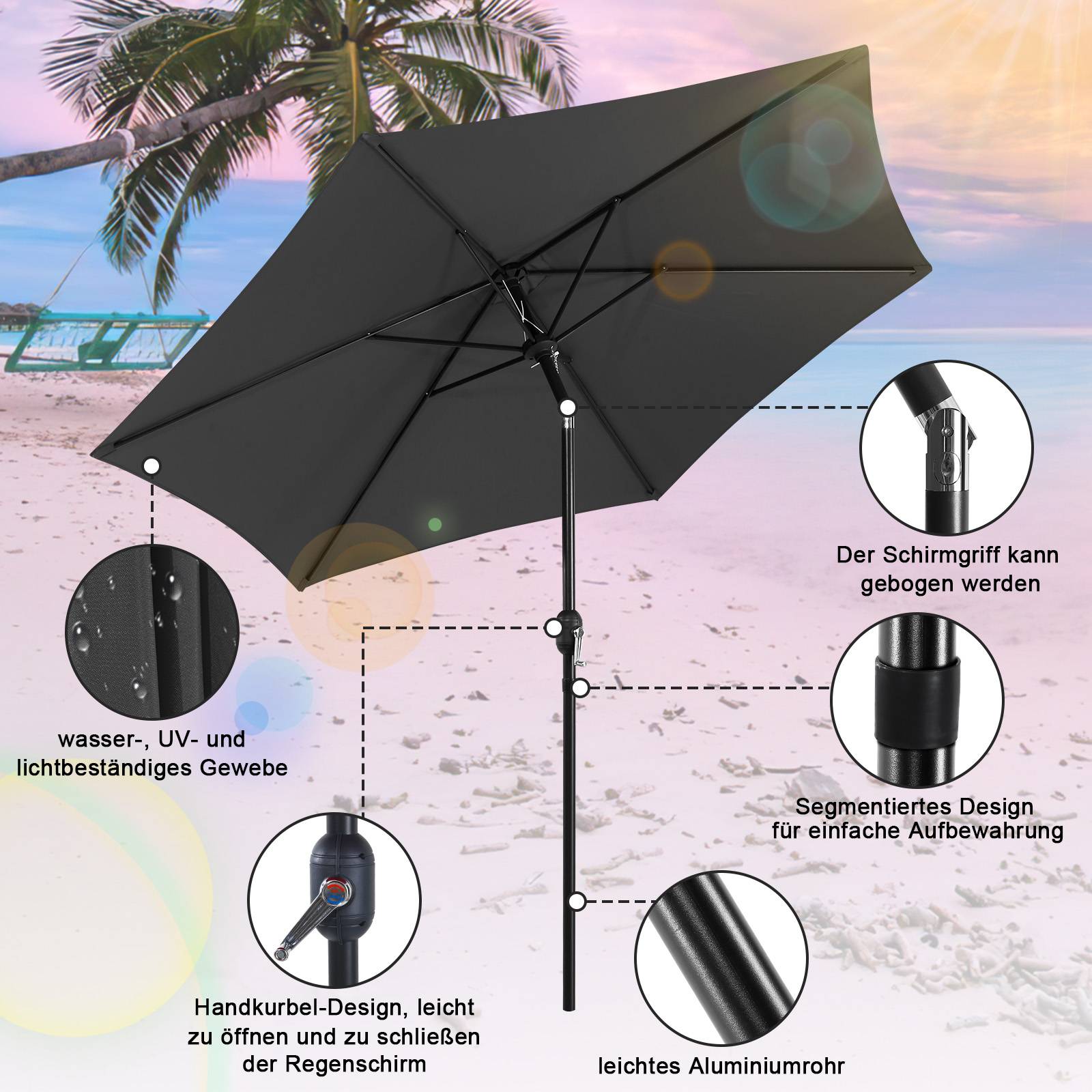 Sonnenschirm Ø2.7m inkl. LED Gartenschirm 360° drehbar Terrassenschirm Ampelschirm Marktschirm Strandschirm - mit LED - Grau