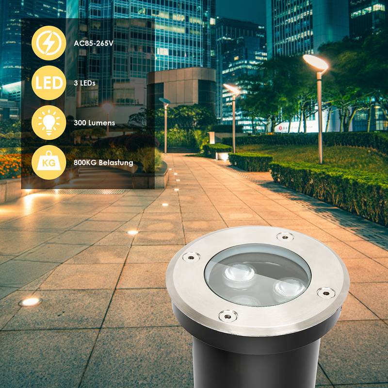 3x 3W Bodenleuchte IP67 LED Leuchte Bodeneinbaustrahler Bodenstrahler Boden Warmweiß