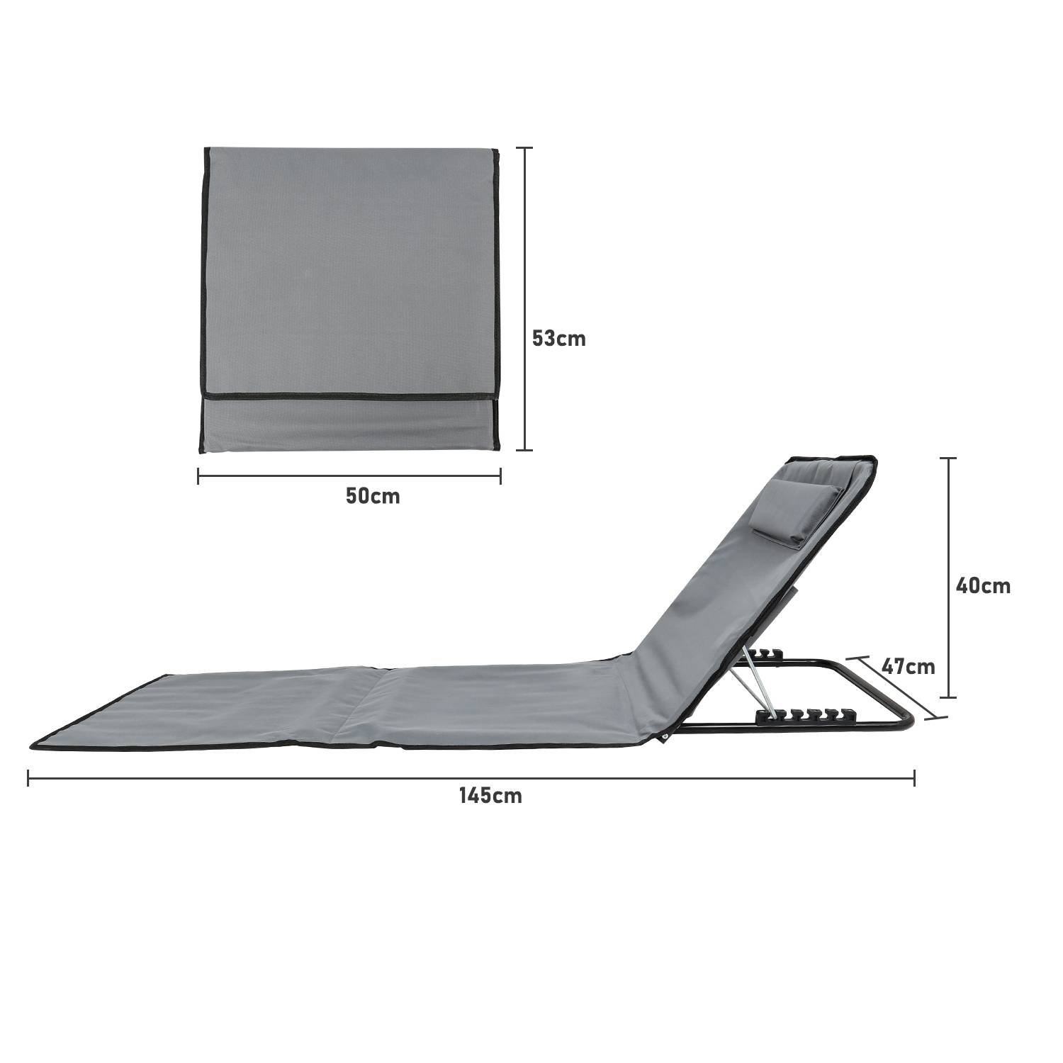 Strandmatte mit Tragegurt mit Kopflehne Kopstütze Verstellbarer Rückenlehne 600D Polyester Grau 1 Stucke 145cm x 47cm