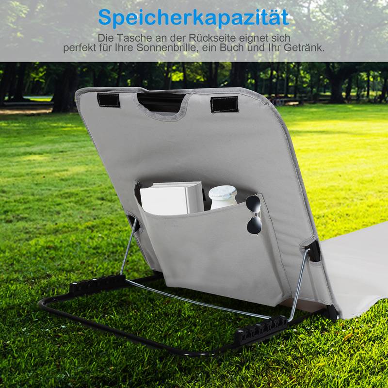 Strandmatte mit Tragegurt mit Kopflehne Kopstütze Verstellbarer Rückenlehne 600D Polyester Hellgrau 1 Stucke 145cm x 47cm