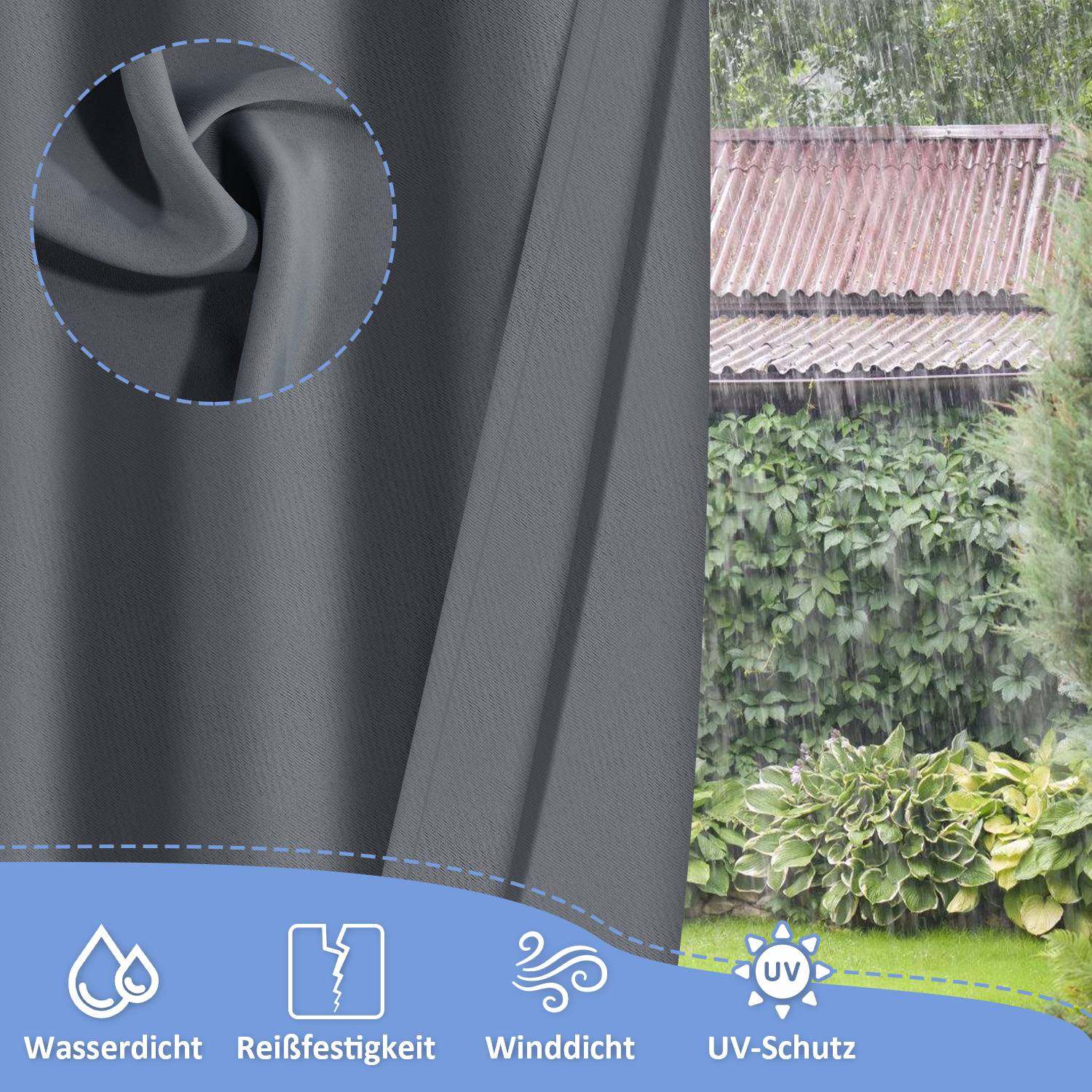 Outdoor Vorhang 2er-Set 132 x 244cm Gardinen Outdoorvorhänge Blickdicht mit Ösen, Garten Patio Balkon Wasserdicht, Dunkelgrau