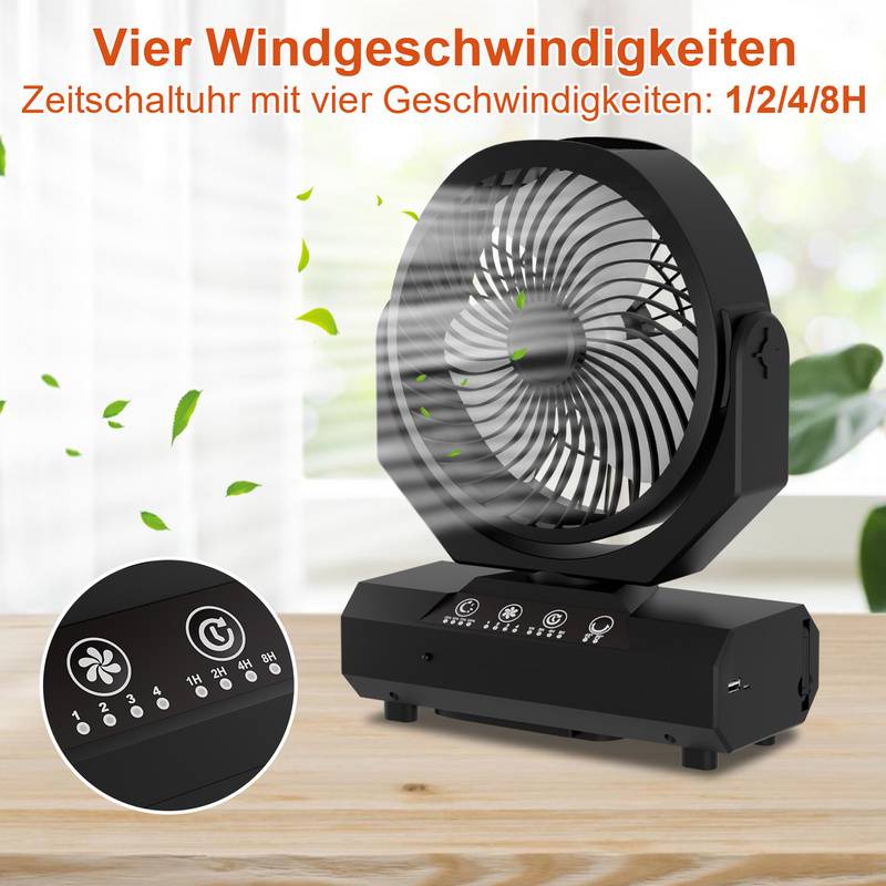 Tischventilator,Camping Ventilator, wiederaufladbar, 20000mAh Akku, 4 Geschwindigkeiten, mit Fernbedienung, LED Licht und Haken,für Outdoor