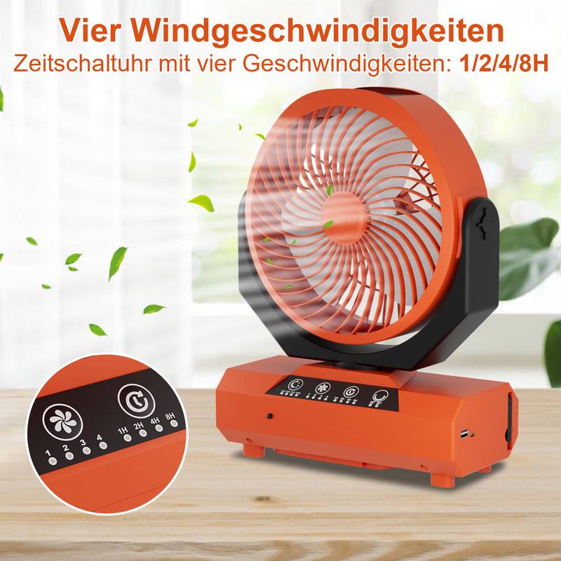 Tischventilator,Camping Ventilator, wiederaufladbar, 20000mAh Akku, 4 Geschwindigkeiten, mit Fernbedienung, LED Licht und Haken,für Outdoor