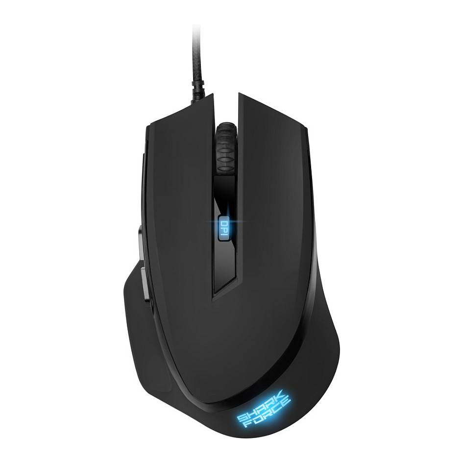 Eine schwarze Gaming-Maus mit Kabel, blauer Beleuchtung und dem Markenlogo „Shark Force