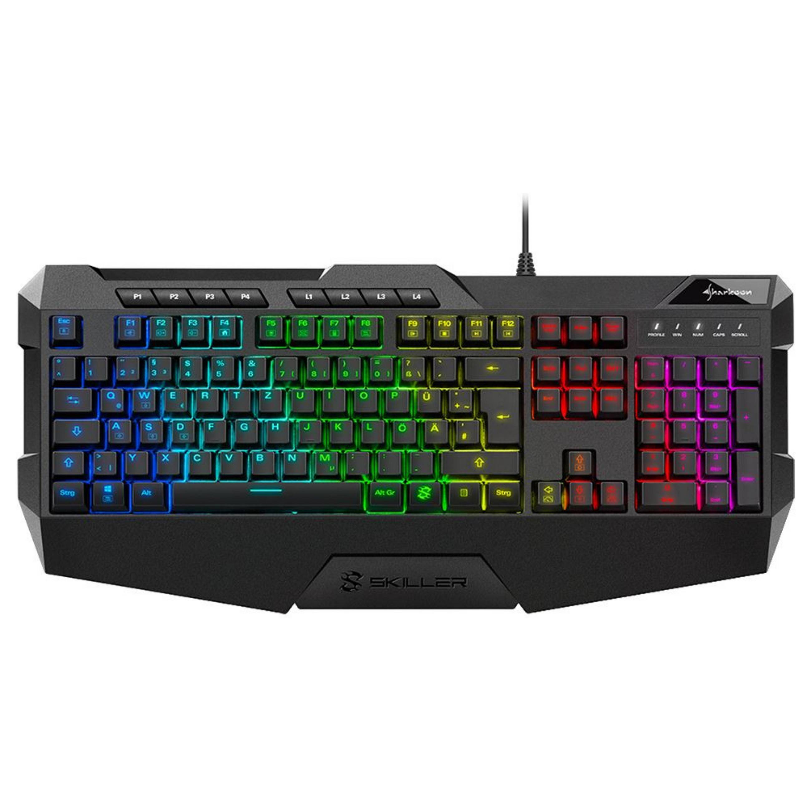 RGB-beleuchtete Gaming-Tastatur mit anpassbaren Tasten und dedizierten Multimedia-Steuerelementen, mit schwarzem eckigem Design.
