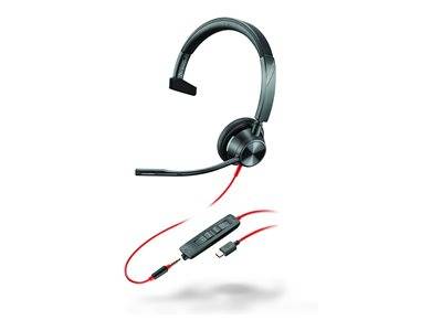 Ein schwarzes und rotes Headset mit Mikrofon, USB-Anschluss und Inline-Bedienungstasten für Lautstärke- und Anruffunktionen.