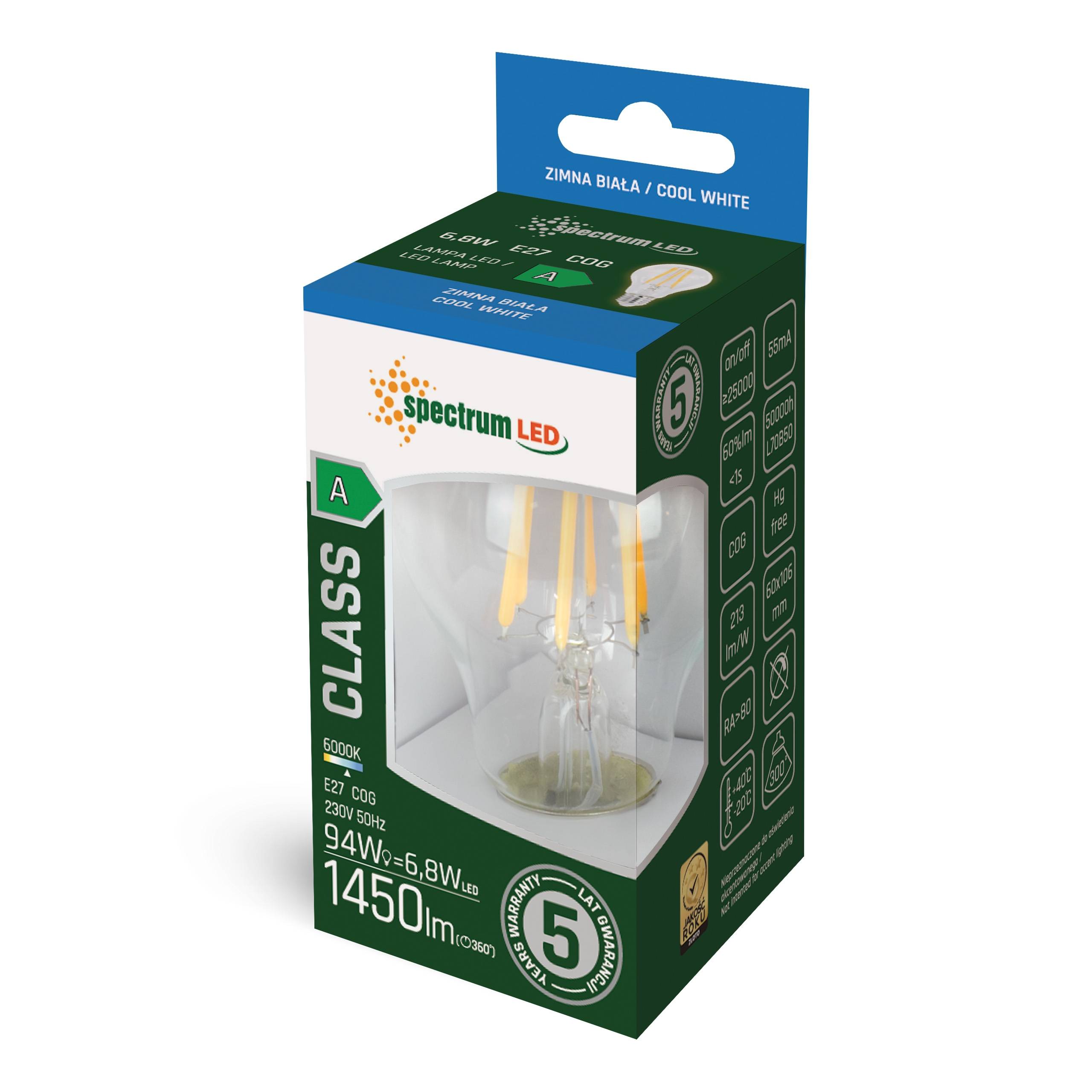 Spectrum LED E27 A60 Birne 6,8W = 94W Filament Klar 1450lm 300° ULTRA EFFIZIENT 230V Kaltweiß 6000K