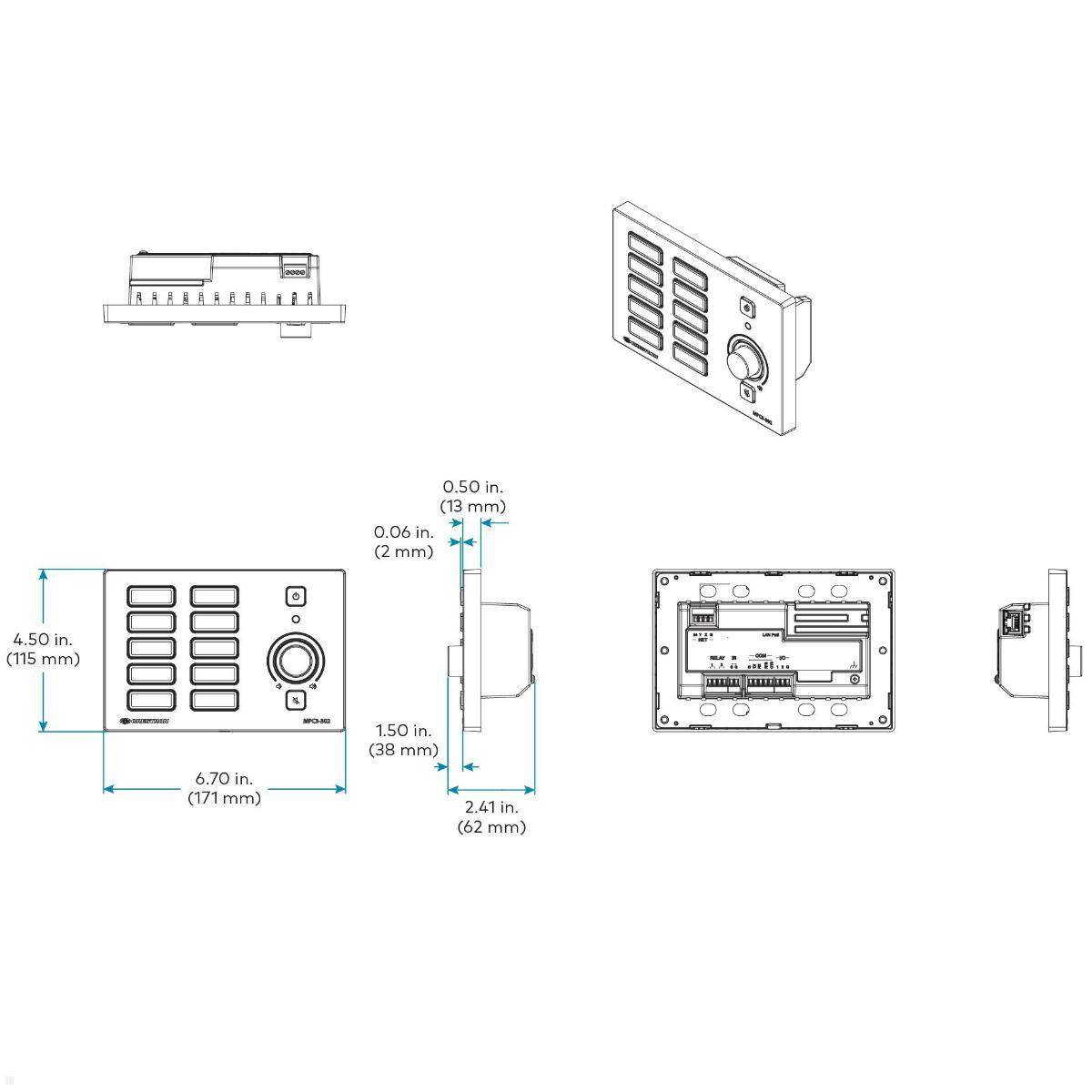 Technische Zeichnung mit Abmessungen und verschiedenen Ansichten eines elektronischen Bedienfelds mit Tasten und einem Drehknopf. Abmessungen in Zoll und Millimetern.