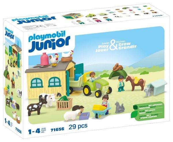PLAYMOBIL JUNIOR 71656 - Bauernhof-Abenteuer mit Traktor, Anhänger und tierischen Freunden
