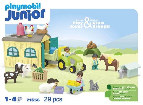 PLAYMOBIL JUNIOR 71656 - Bauernhof-Abenteuer mit Traktor, Anhänger und tierischen Freunden
