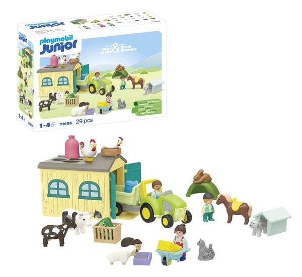 PLAYMOBIL JUNIOR 71656 - Bauernhof-Abenteuer mit Traktor, Anhänger und tierischen Freunden