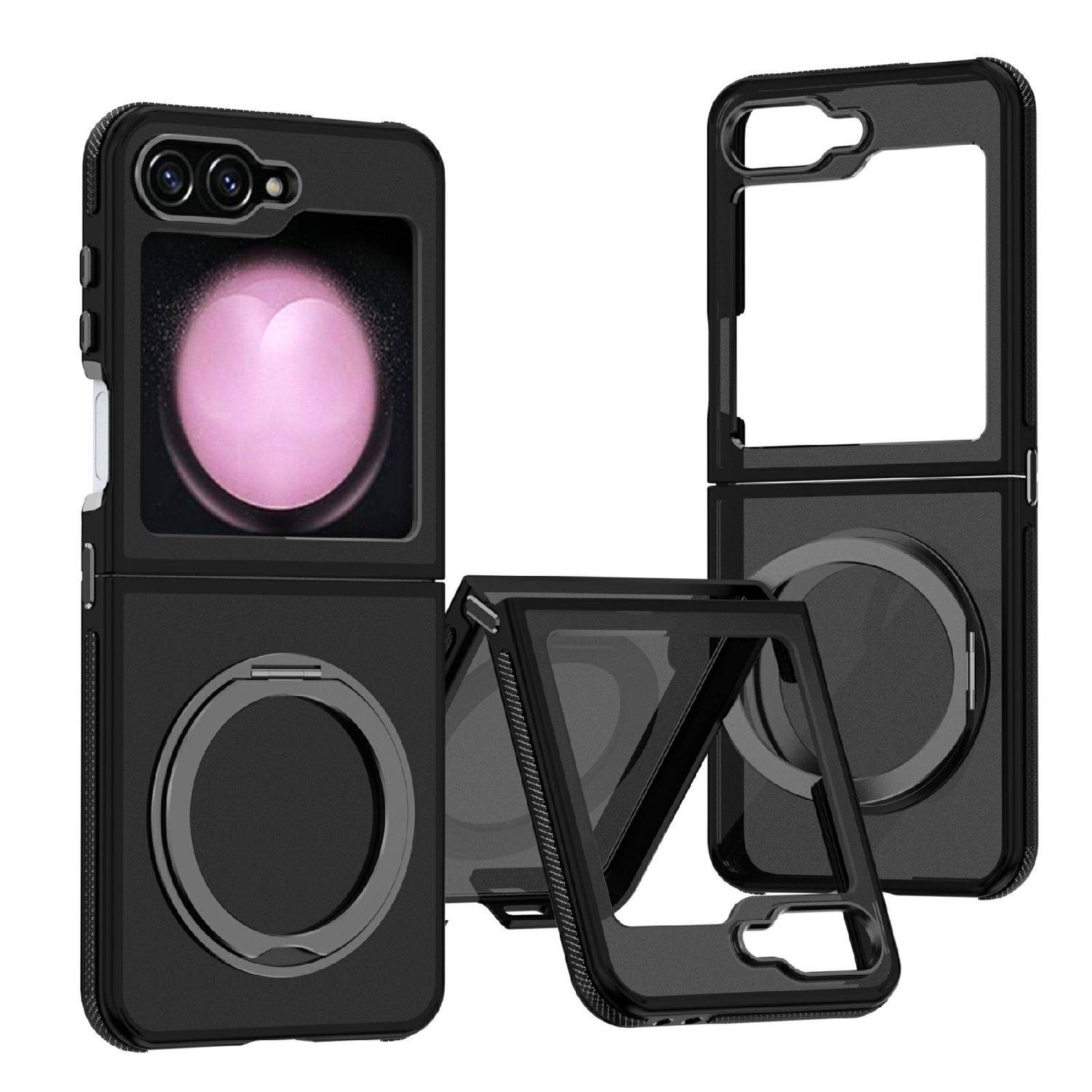 Für Samsung Galaxy Z Flip6 Dual Color Skin Feel 360 Ring Hülle Schwarz