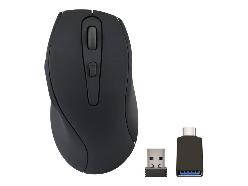Eine schwarze kabellose Computermaus mit Scrollrad, dargestellt zusammen mit einem USB-Nano-Empfänger und einem USB-C-Adapter für die Konnektivität.