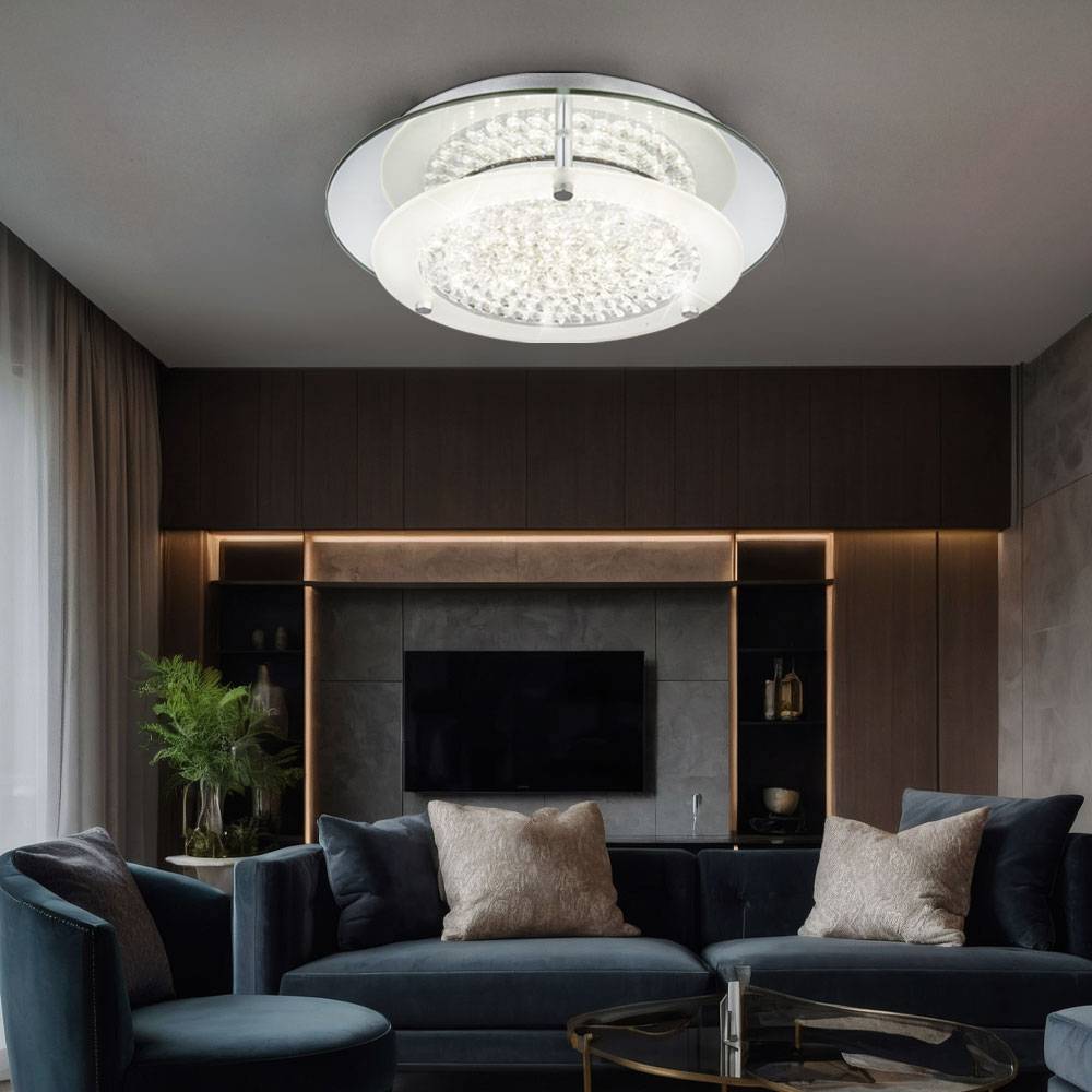 Deckenleuchte Wohnzimmerleuchte Schlafzimmerlampe Küchenleuchte Esszimmerlampe, Chrom Kristalle klar, LED 12W 840Lm 4000K neutralweiß, D 28 cm, 2er