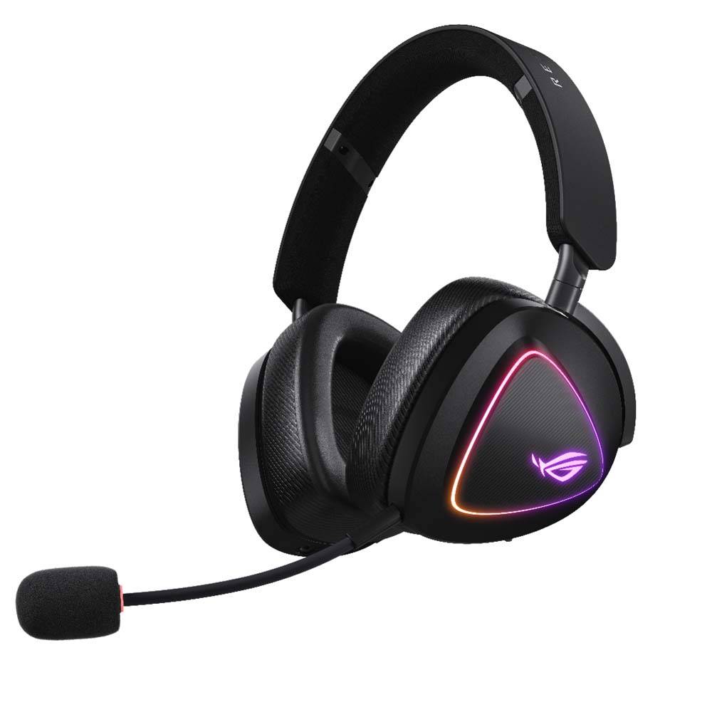 Ein schwarzes Gaming-Headset mit RGB-Beleuchtung und angebrachtem Mikrofon, das ein schlankes Design und große Ohrpolster aufweist.