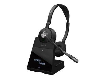 Ein schwarzes kabelloses Headset auf einer Ladestation mit angebrachtem Mikrofon, das für die Kommunikation konzipiert ist und über Steuerungstasten verfügt.