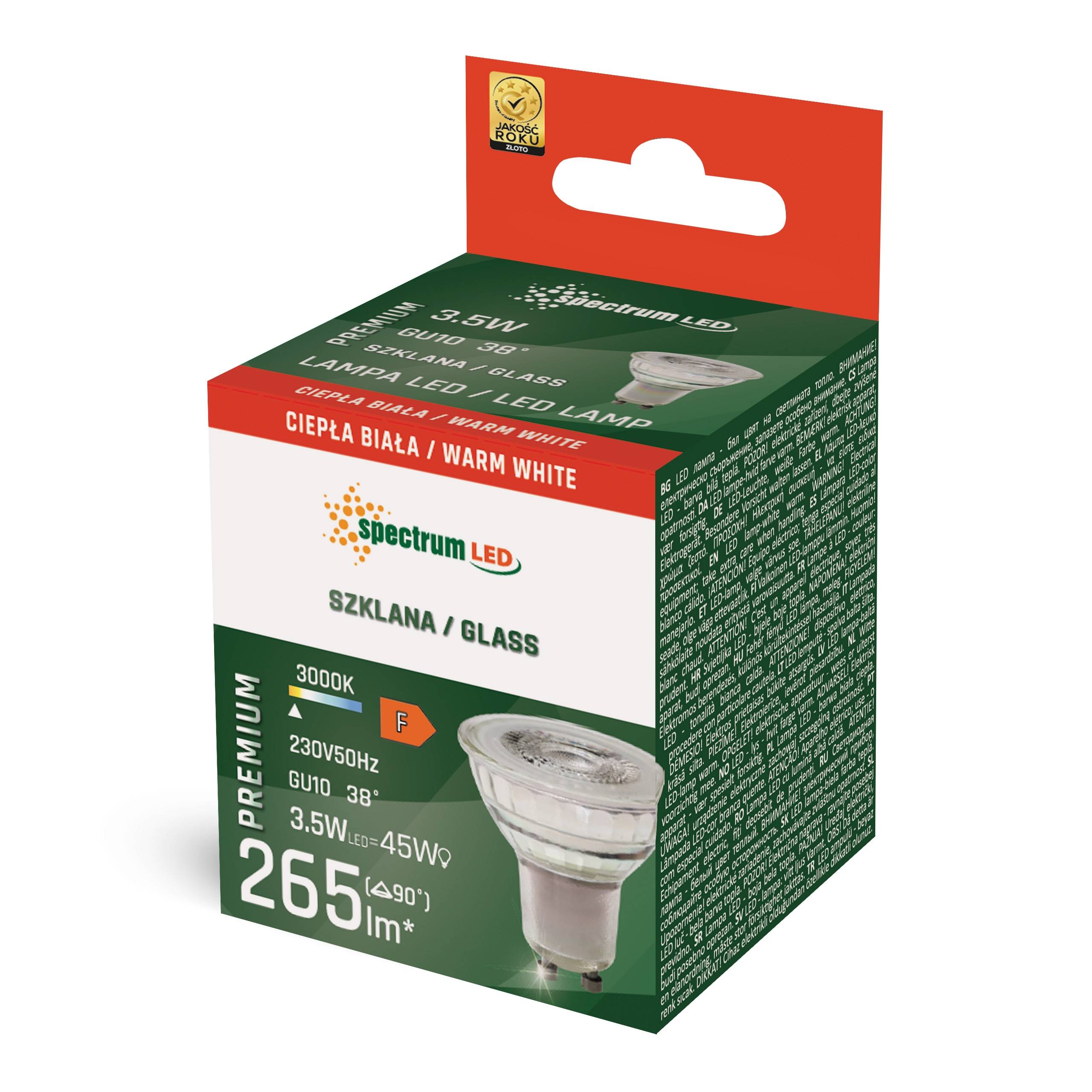 Spectrum LED Premium GU10 3,5W = 45W 38° Reflektor 265lm Glas 230V Warmweiß 3000K