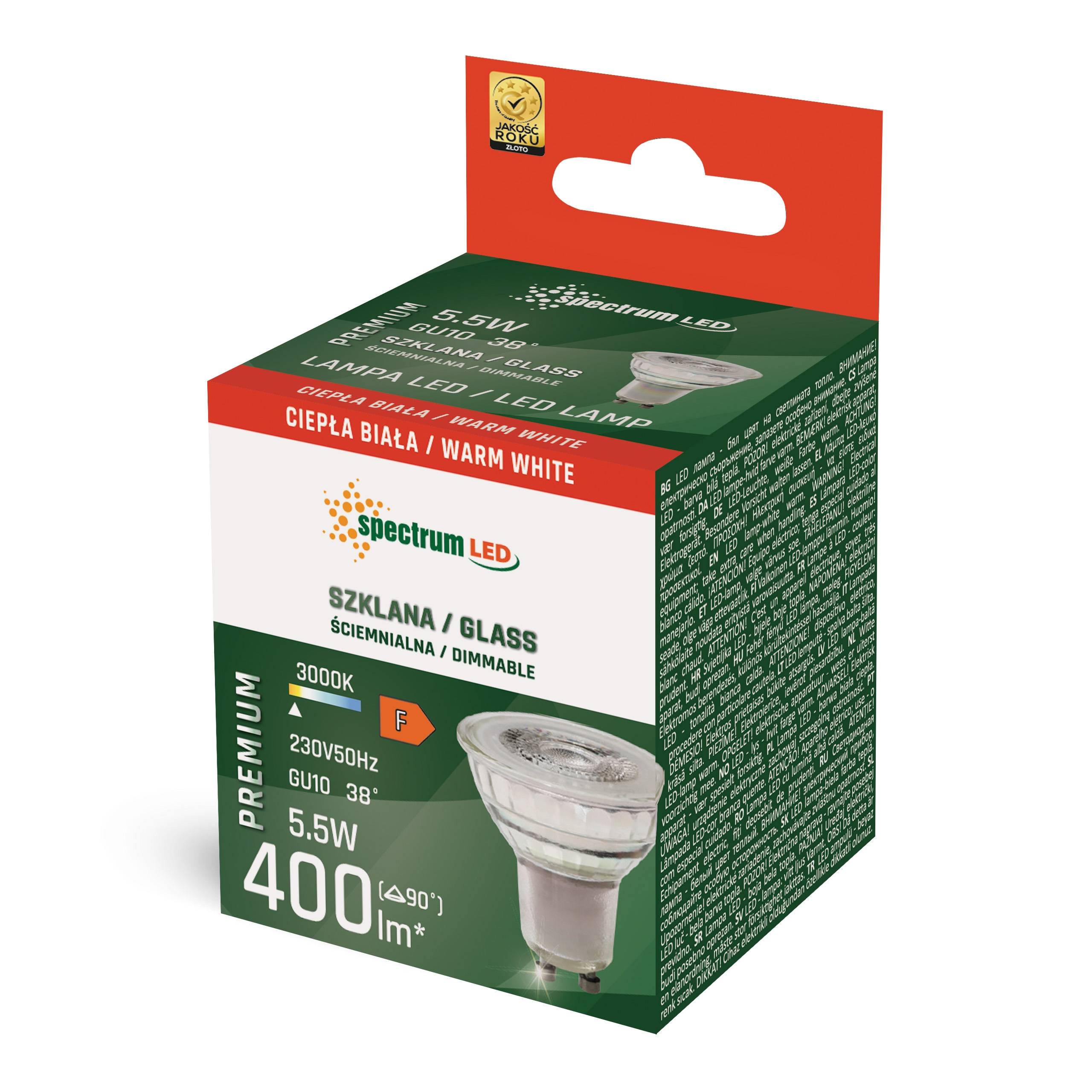 Spectrum LED Premium GU10 5,5W = 60W 38° Reflektor 400lm Glas 230V Warmweiß 3000K DIMMBAR