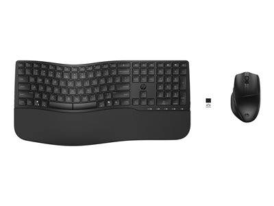 Eine schwarze ergonomische Tastatur mit geschwungenem Design und gepolsterter Handauflage, abgebildet mit einer passenden Maus auf weißem Hintergrund.