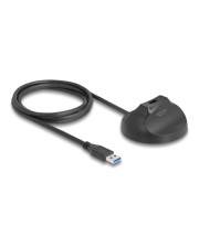 Schwarzes USB-Kabel mit integrierter runder Kabelrolle oder Dockingbasis, gezeigt auf weißem Hintergrund.