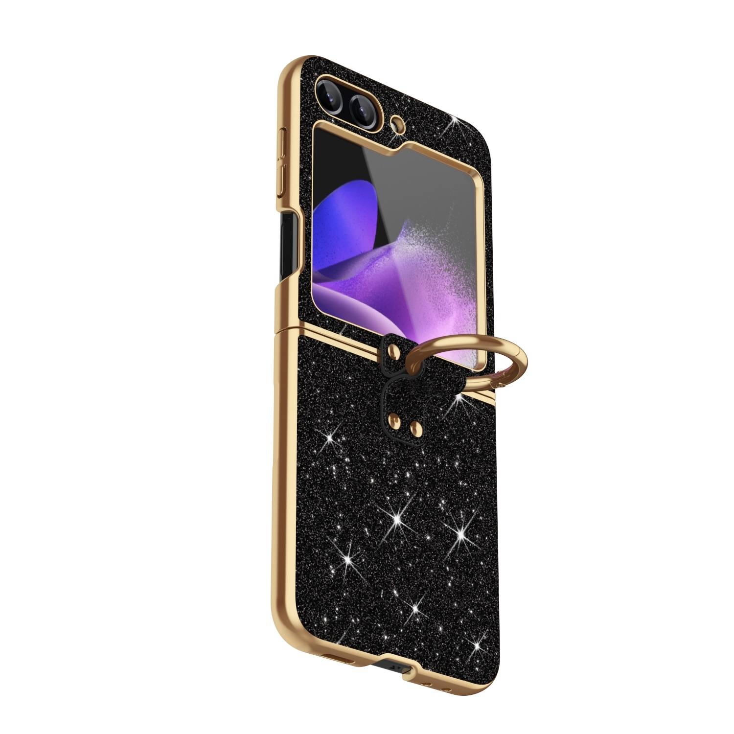 Für Samsung Galaxy Z Flip6 Glitzer Hülle Farbverlauf und Ring Schwarz