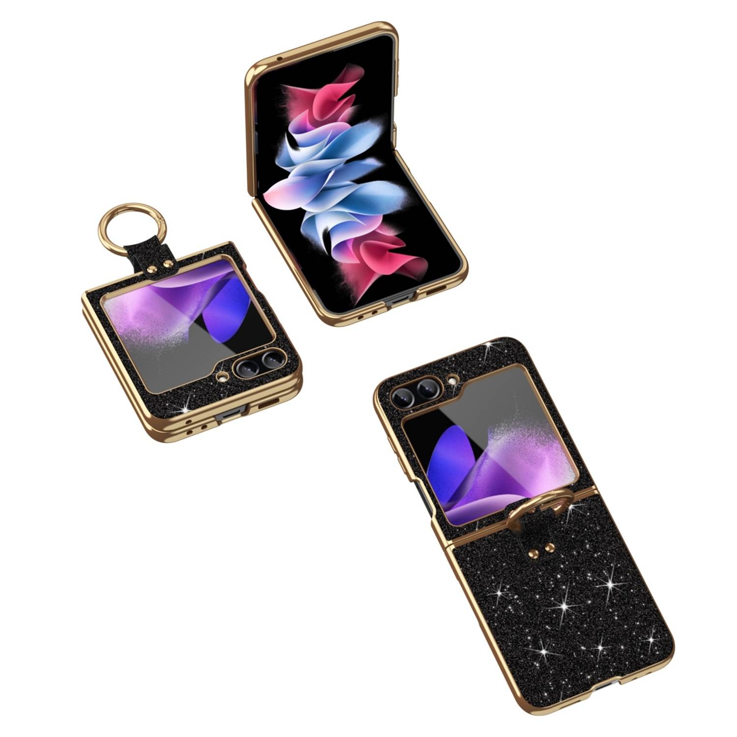 Für Samsung Galaxy Z Flip6 Glitzer Hülle Farbverlauf und Ring Schwarz