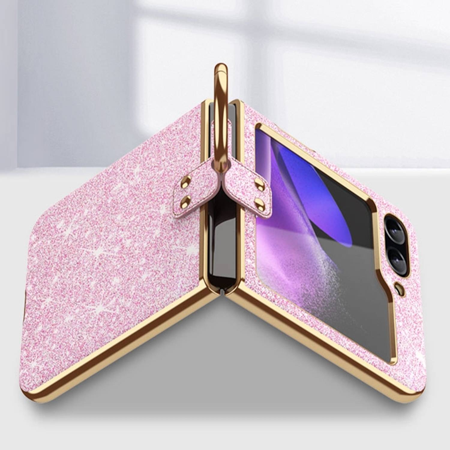 Für Samsung Galaxy Z Flip6 Glitzer Hülle Farbverlauf und Ring Schwarz