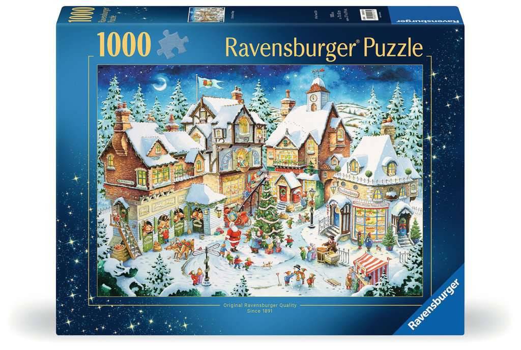 Ravensburger 1000er-Puzzle-Karton mit einer verschneiten Winterdorfszene mit dekorierten Häusern, Bäumen und Menschen auf einem festlichen Marktplatz.