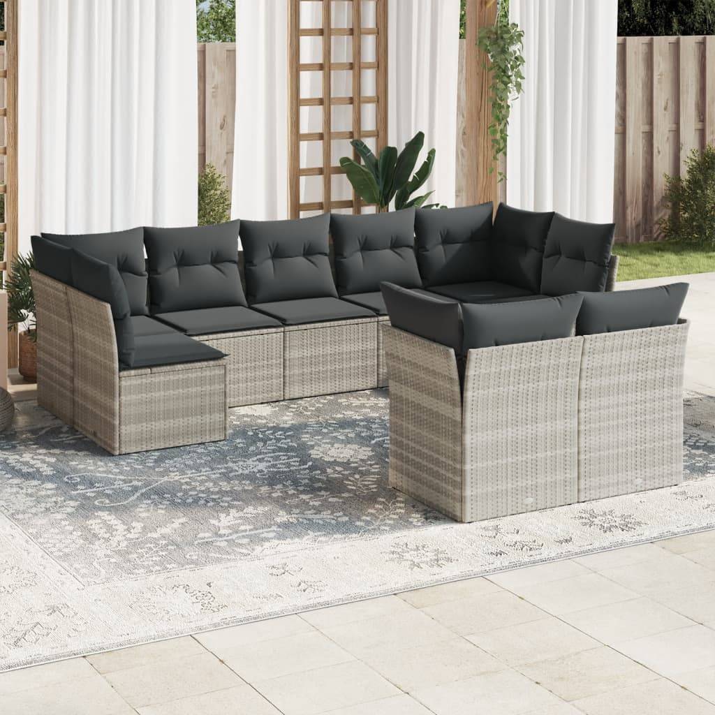 vidaXL 9-tlg. Garten-Sofagarnitur mit Kissen Hellgrau Poly Rattan