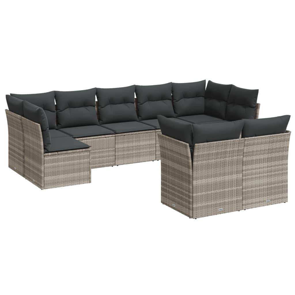 vidaXL 9-tlg. Garten-Sofagarnitur mit Kissen Hellgrau Poly Rattan