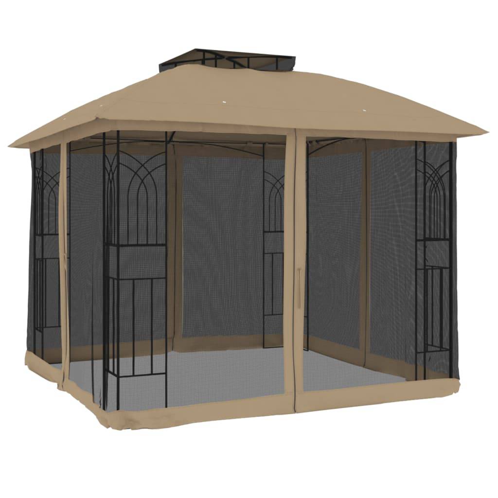 vidaXL Pavillon mit Doppeldach & Netzwänden Taupe 2,94x2,94 m Stahl