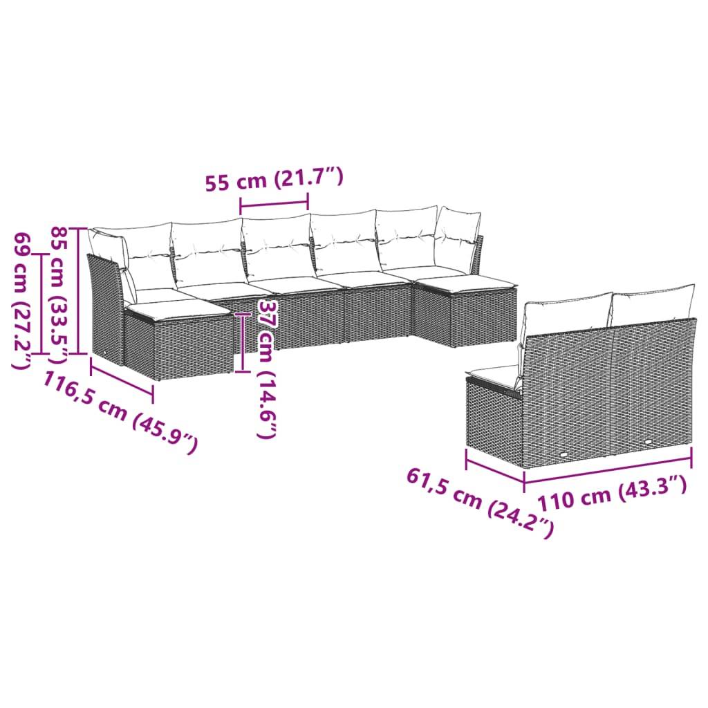 vidaXL 9-tlg. Garten-Sofagarnitur mit Kissen Hellgrau Poly Rattan