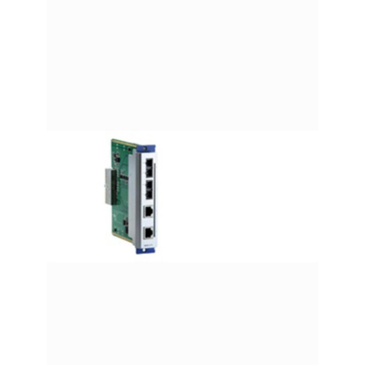 Netzwerk-Switch-Modul mit vier Ethernet-Anschlüssen und einer Leiterplatte an der Seite, auf weißem Hintergrund isoliert.