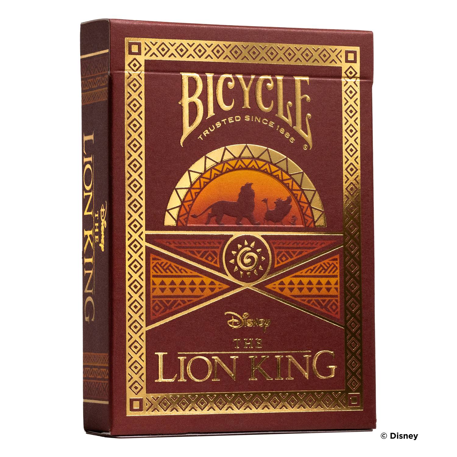 Fahrrad 'Der König der Löwen' Spielkartendeck-Box in Kastanienbraun und Gold mit Disney-Logo und Sonnenuntergang-Silhouette.
