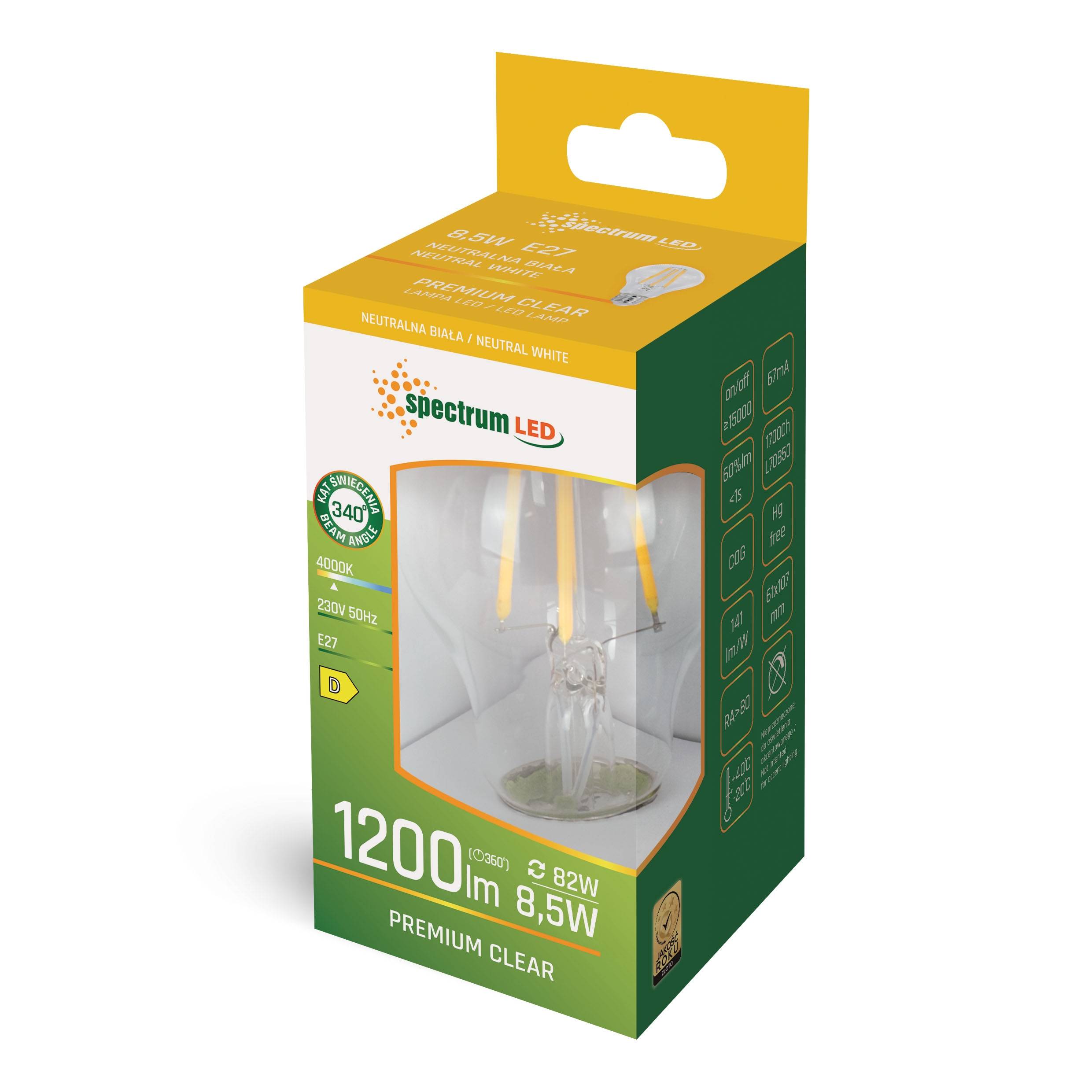 Spectrum LED E27 A60 Filament klar 8,5W = 82W 300° Birnenform 1200lm 230V Neutralweiß 4000K