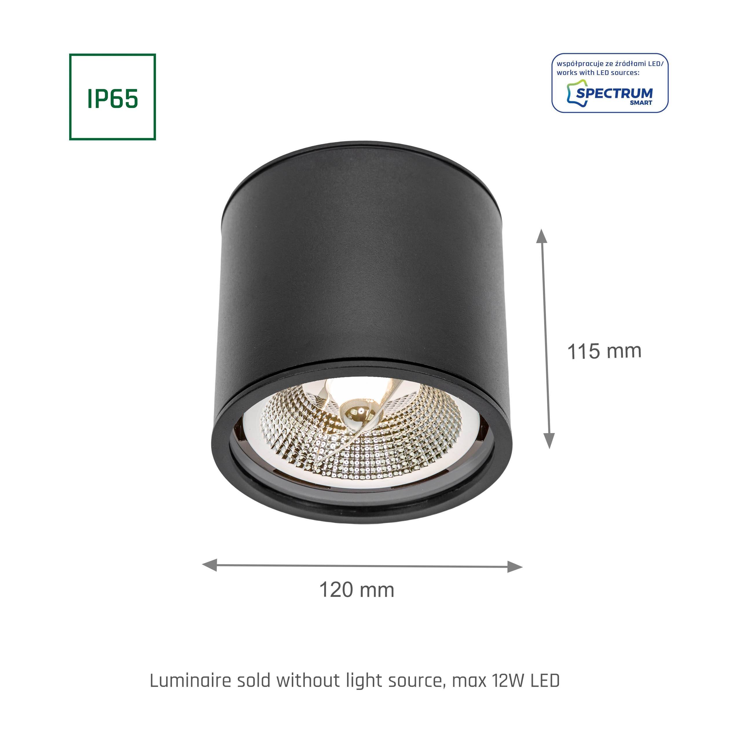 Spectrum LED Chloe GU10 AR111 Aufbauleuchte schwarz Deckenleuchte IP65 max. 12W rund