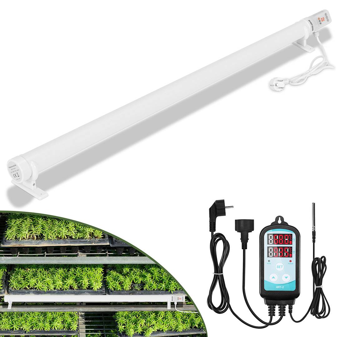LED-Wachstumslichtleiste mit Stromkabel und digitalem Regler, oben auf Sämlingen auf Regalregalen gezeigt, um ein Innenanlage-Wachstums-Setup zu veranschaulichen.