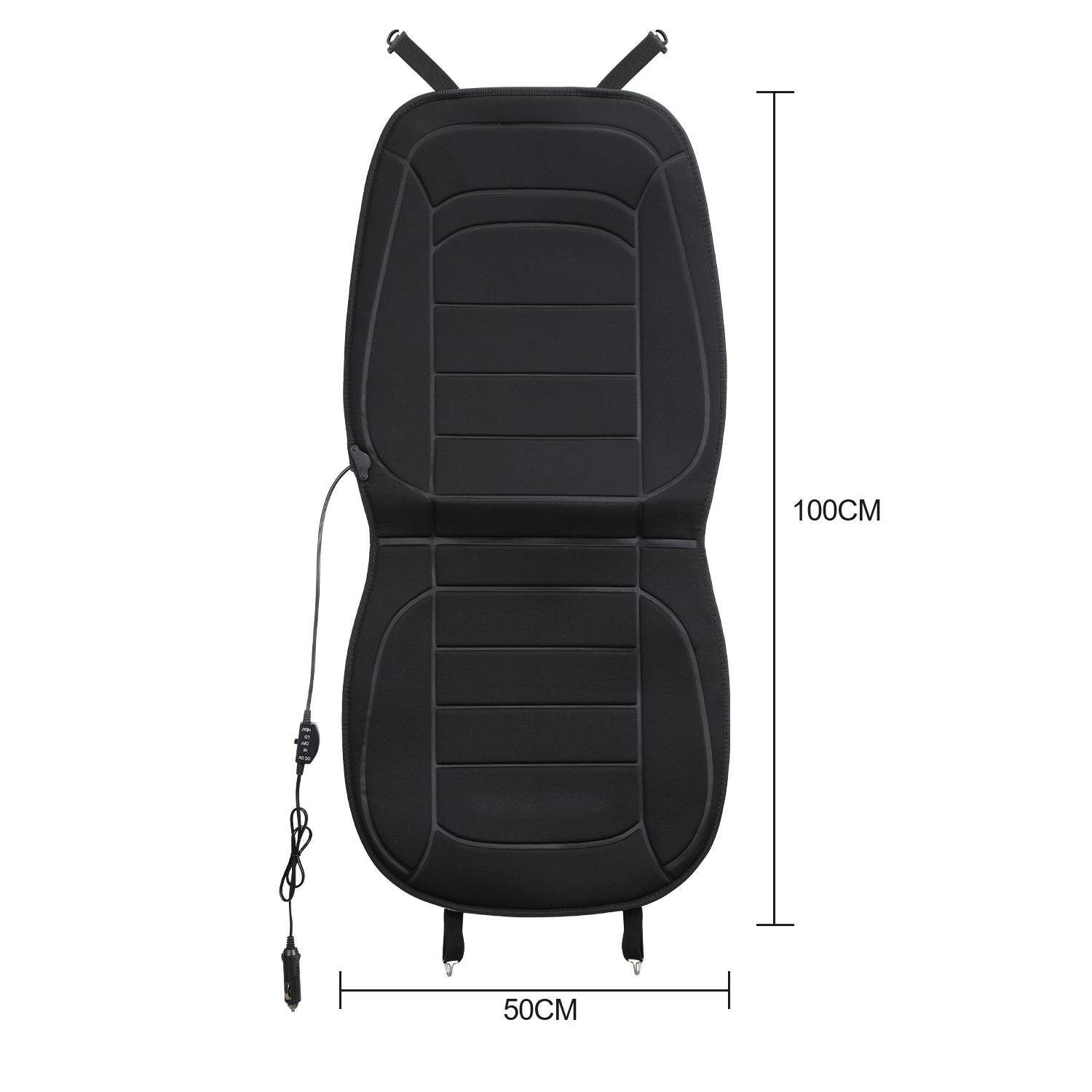 Schwarze beheizte Autositzauflage mit zwei Stromanschlüssen, gezeigt mit Abmessungen von 100 cm Höhe und 50 cm Breite.