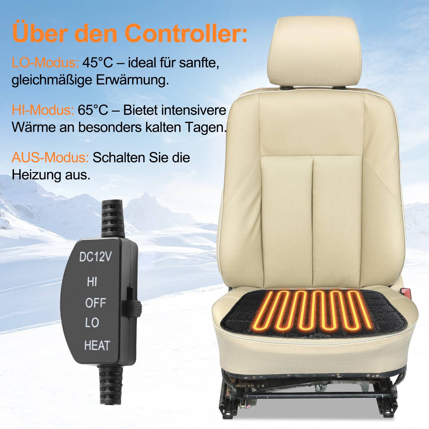 Beheizte Autositzbezug mit DC12V-Regler mit den Einstellungen HI, OFF, LO und HEAT; deutscher Text erklärt LO 45°C, HI 65°C und OFF-Modus.