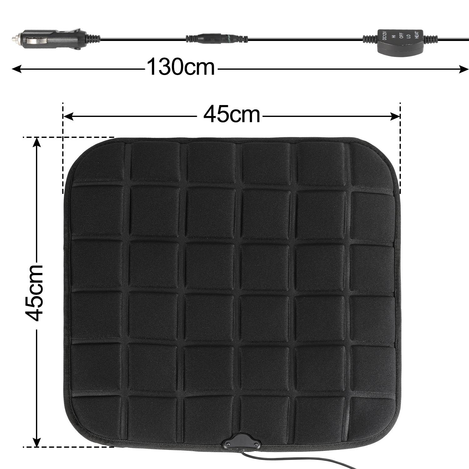 Schwarzes gepolstertes Quadratformat mit den Abmessungen 45 cm x 45 cm; das mitgelieferte Kabel ist 130 cm lang.