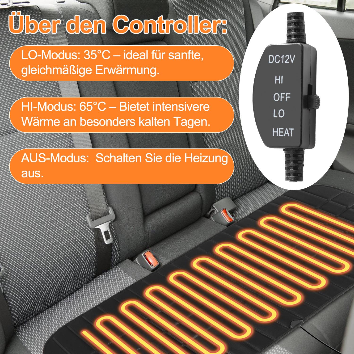 Sitzheizungen Auto 12V 45x45cm Sitzheizkissen 15/20W 45/65°C LO HI mit 1,3m Kabel Schwarz für Pkw im Winter