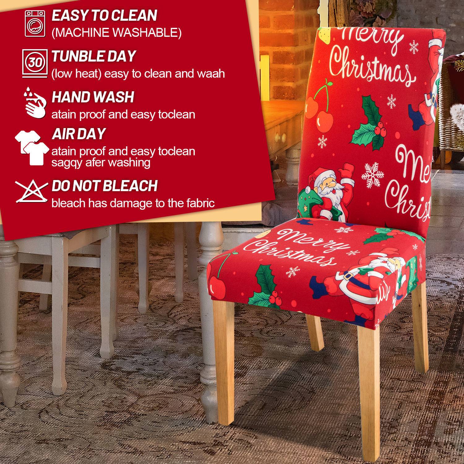 Roter Weihnachtsstuhlbezug mit Text „Merry Christmas" und festlichen Drucken von Weihnachtsmann, Stechpalme und Schneeflocken, mit Pflegeanleitung: Maschinenwäsche, Trockner, Handwäsche, Lufttrocknung, nicht bleichen.