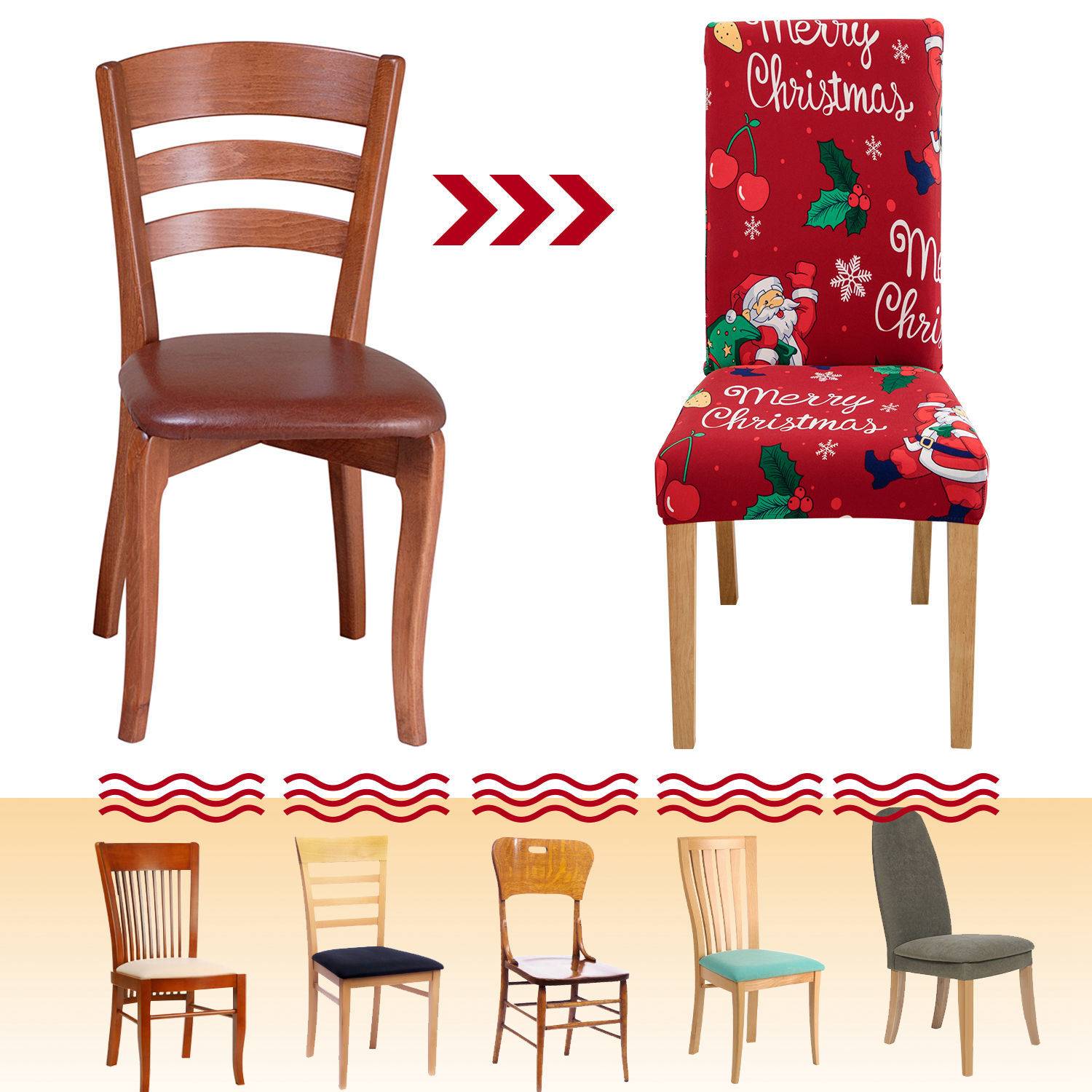 Vorher-und-Nachher-Stuhlumgestaltung: Einfacher Holzstuhl wird zu einem roten, gepolsterten Stuhlbezug mit „Frohe Weihnachten"-Aufschrift; unten zeigen Beispiele, dass mehrere Stuhlstile mit Bezügen versehen werden können.