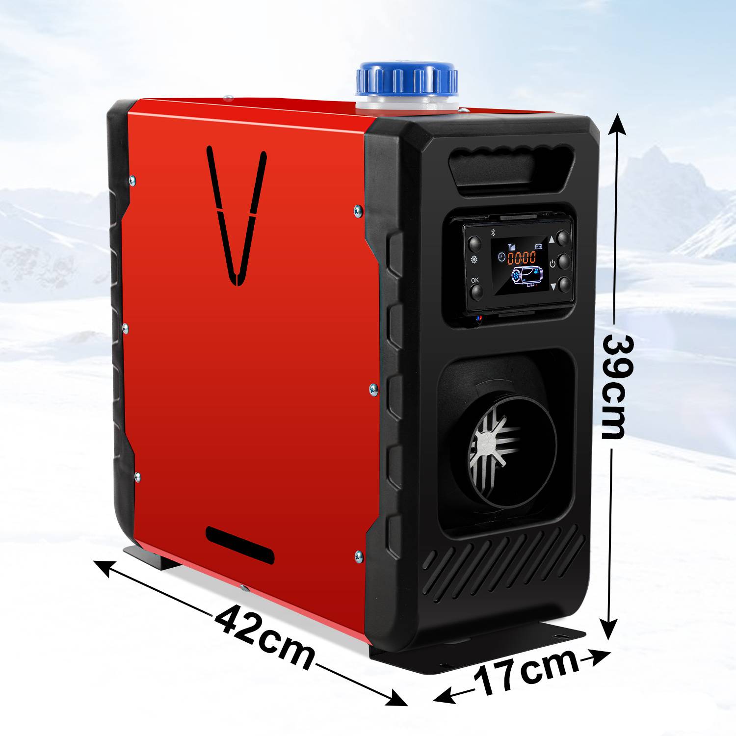 Roter rechteckiger tragbarer Heizer oder Ofen in 3D dargestellt, mit Display und Lüfteröffnung; Abmessungen beschriftet 42 cm breit, 17 cm tief, 39 cm hoch.