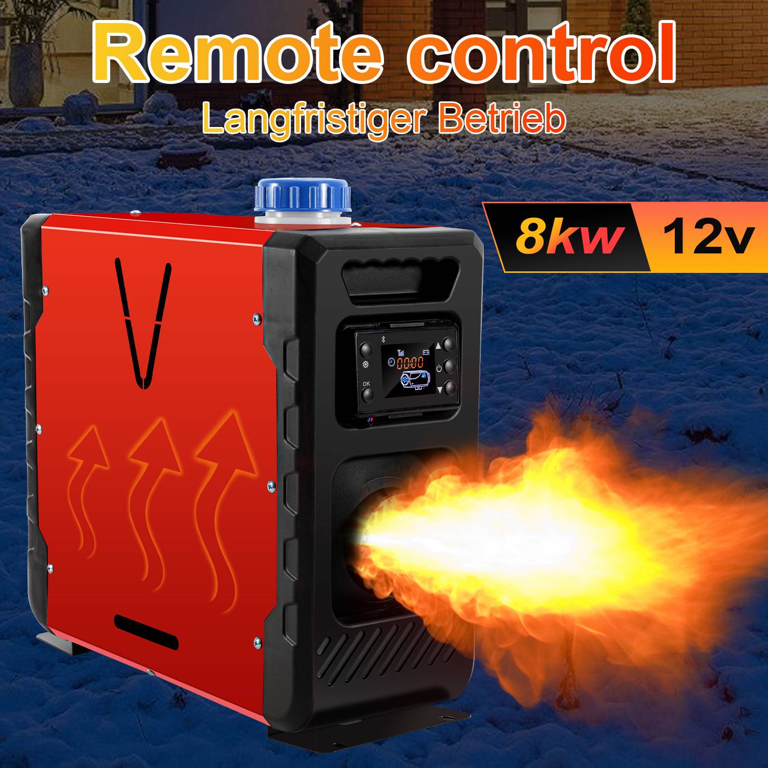 Werbebild eines rot-schwarzen 8-kW-12V-Heizgeräts mit Fernbedienung und Text zur Langzeitbetriebsfähigkeit, das heiße Luft im Schnee im Freien bläst.